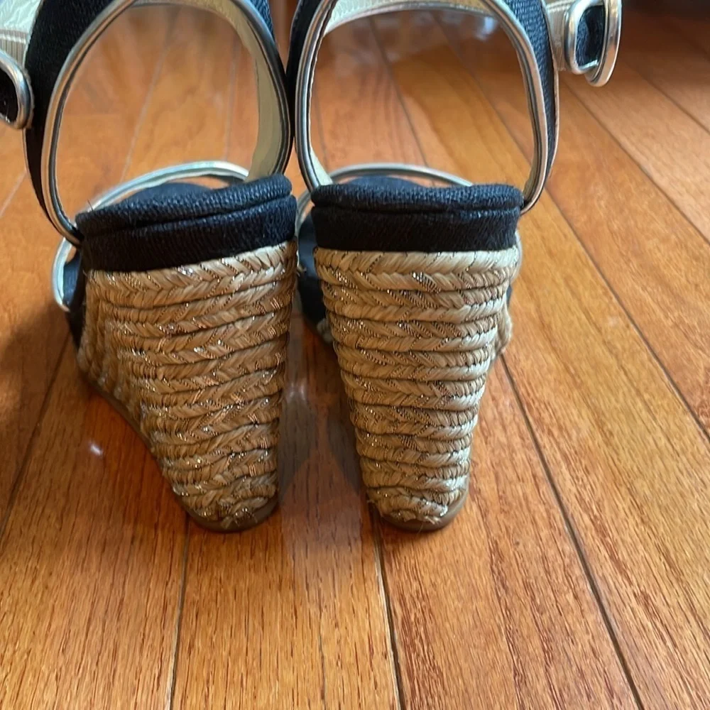 🍰 Maypol black linen and silver detail wedge ankle strap espadrille: